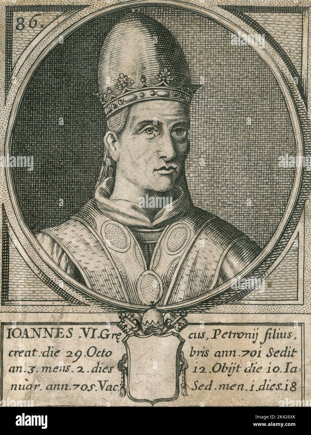 Porträt von Papst Ioannes VI., Stich aus dem Summorum Romanorum Pontificum von Giovanni Giacomo de' Rossi, 1675 Stockfoto
