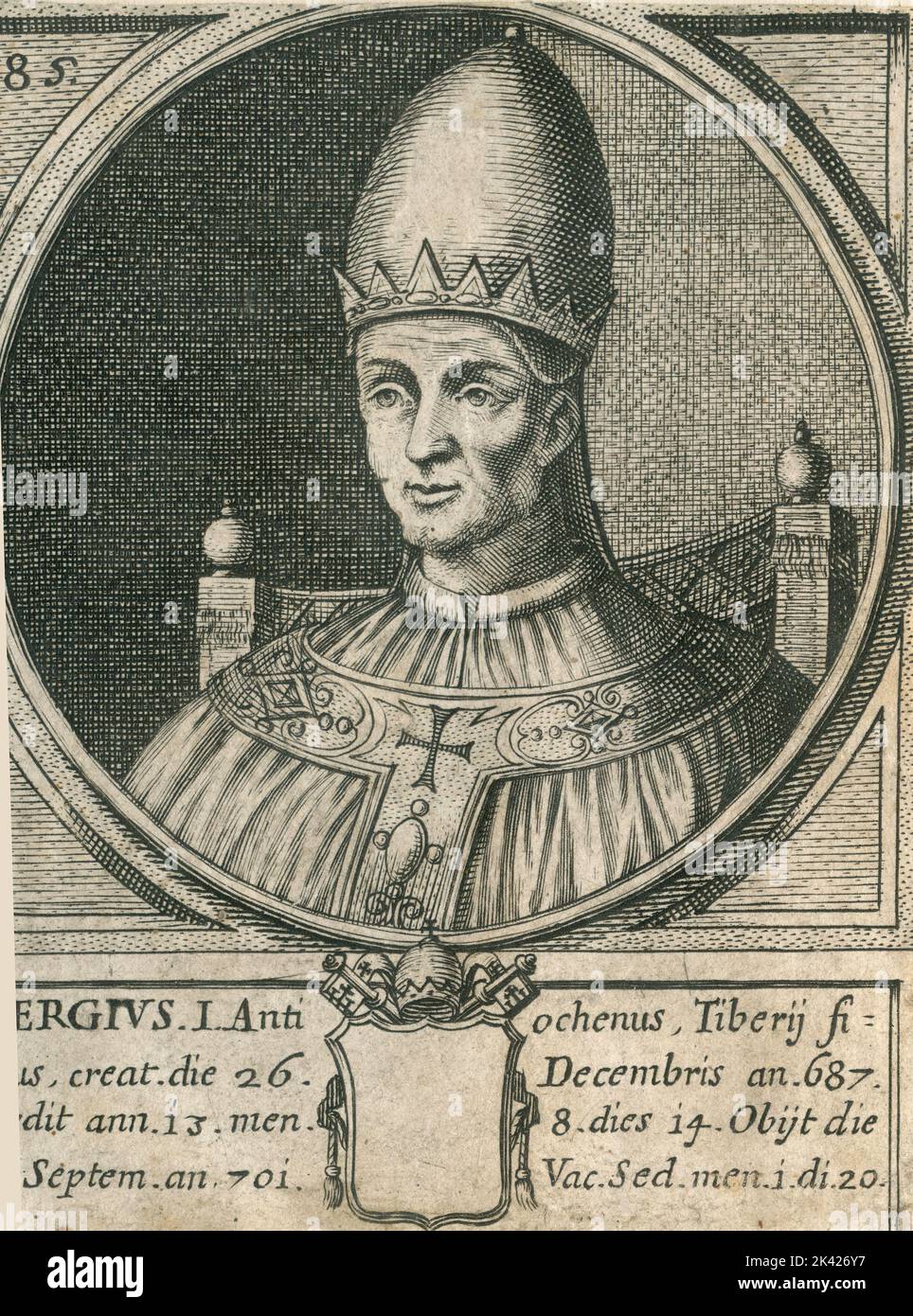 Porträt von Papst Sergius I, Stich aus dem Summorum Romanorum Pontificum von Giovanni Giacomo de' Rossi, 1675 Stockfoto