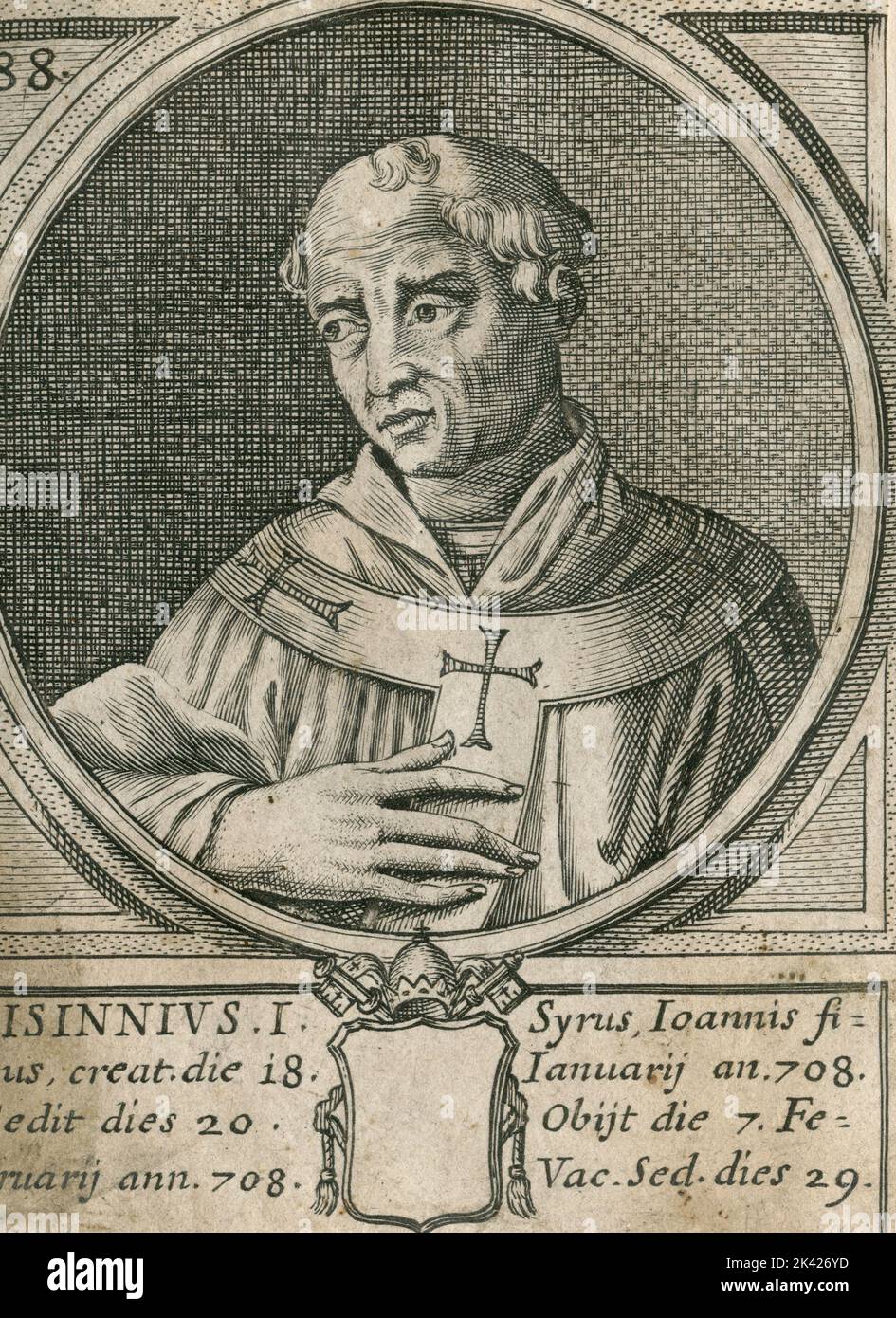 Porträt von Papst Sissinnius I, Stich aus dem Summorum Romanorum Pontificum von Giovanni Giacomo de' Rossi, 1675 Stockfoto