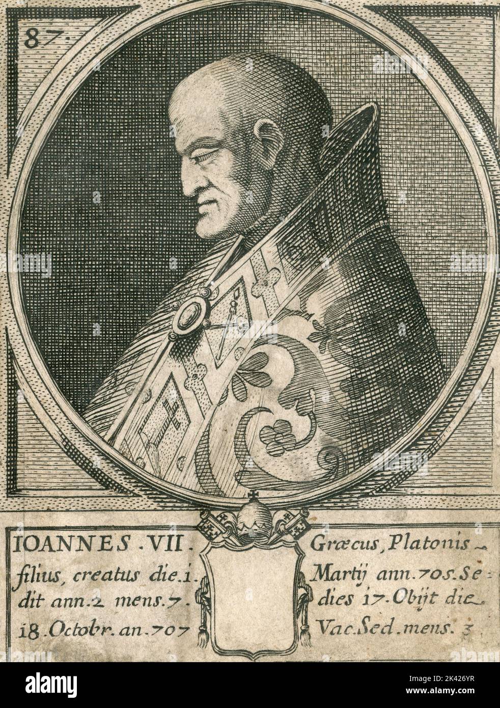 Porträt von Papst Ioannes VII., Stich aus dem Summorum Romanorum Pontificum von Giovanni Giacomo de' Rossi, 1675 Stockfoto