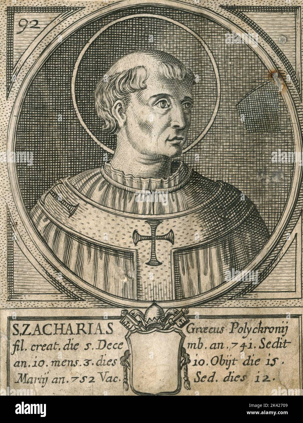 Porträt des heiligen Papstes Zacharias, Stich aus dem Summorum Romanorum Pontificum von Giovanni Giacomo de' Rossi, 1675 Stockfoto
