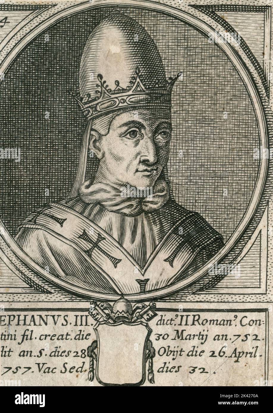 Porträt von Papst Stephanus III., Stich aus dem Summorum Romanorum Pontificum von Giovanni Giacomo de' Rossi, 1675 Stockfoto