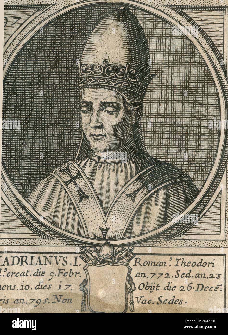 Porträt von Papst Hadrianus I, Stich aus dem Summorum Romanorum Pontificum von Giovanni Giacomo de' Rossi, 1675 Stockfoto