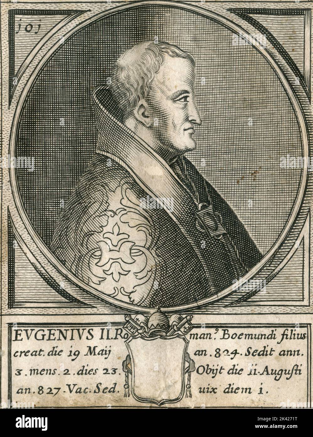 Porträt von Papst Eugenius II., Stich aus dem Summorum Romanorum Pontificum von Giovanni Giacomo de' Rossi, 1675 Stockfoto