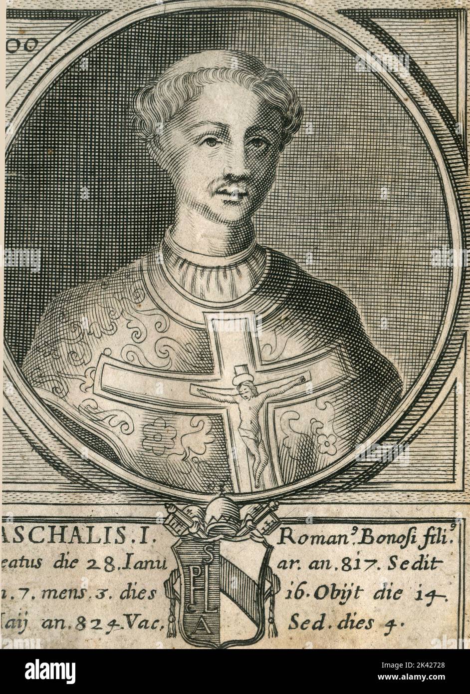 Porträt von Papst Paschalis I, Stich aus dem Summorum Romanorum Pontificum von Giovanni Giacomo de' Rossi, 1675 Stockfoto