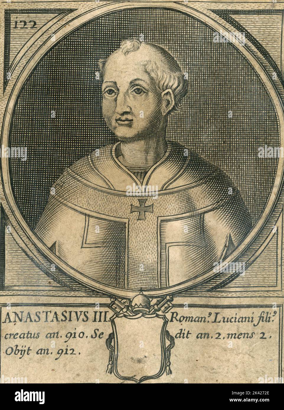 Porträt von Papst Anastasius III., Stich aus dem Summorum Romanorum Pontificum von Giovanni Giacomo de' Rossi, 1675 Stockfoto