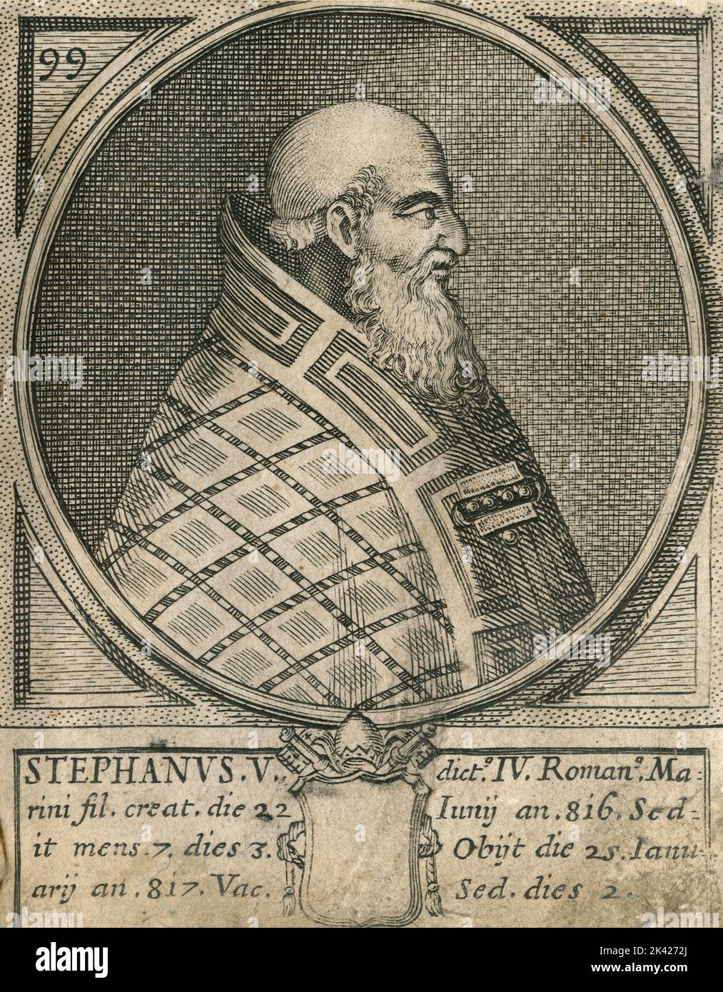 Porträt von Papst Stephanus V., Stich aus dem Summorum Romanorum Pontificum von Giovanni Giacomo de' Rossi, 1675 Stockfoto