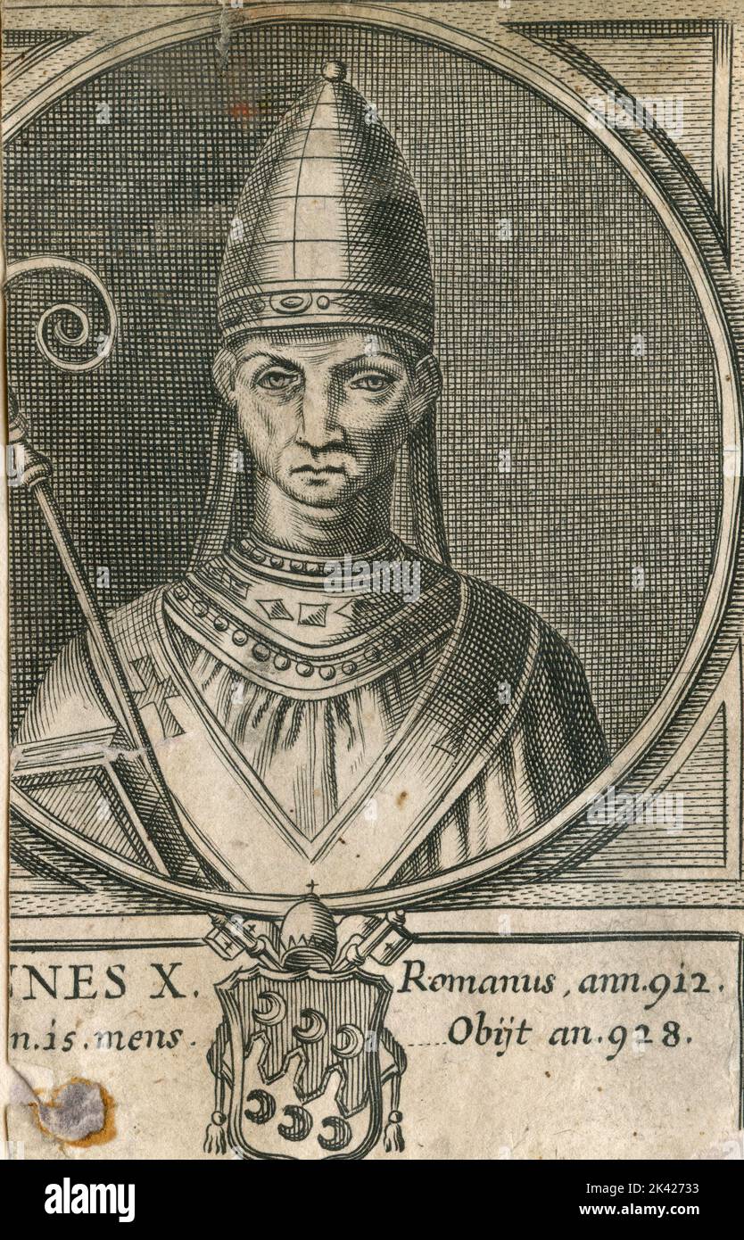 Porträt von Papst Ioannes X, Stich aus dem Summorum Romanorum Pontificum von Giovanni Giacomo de' Rossi, 1675 Stockfoto