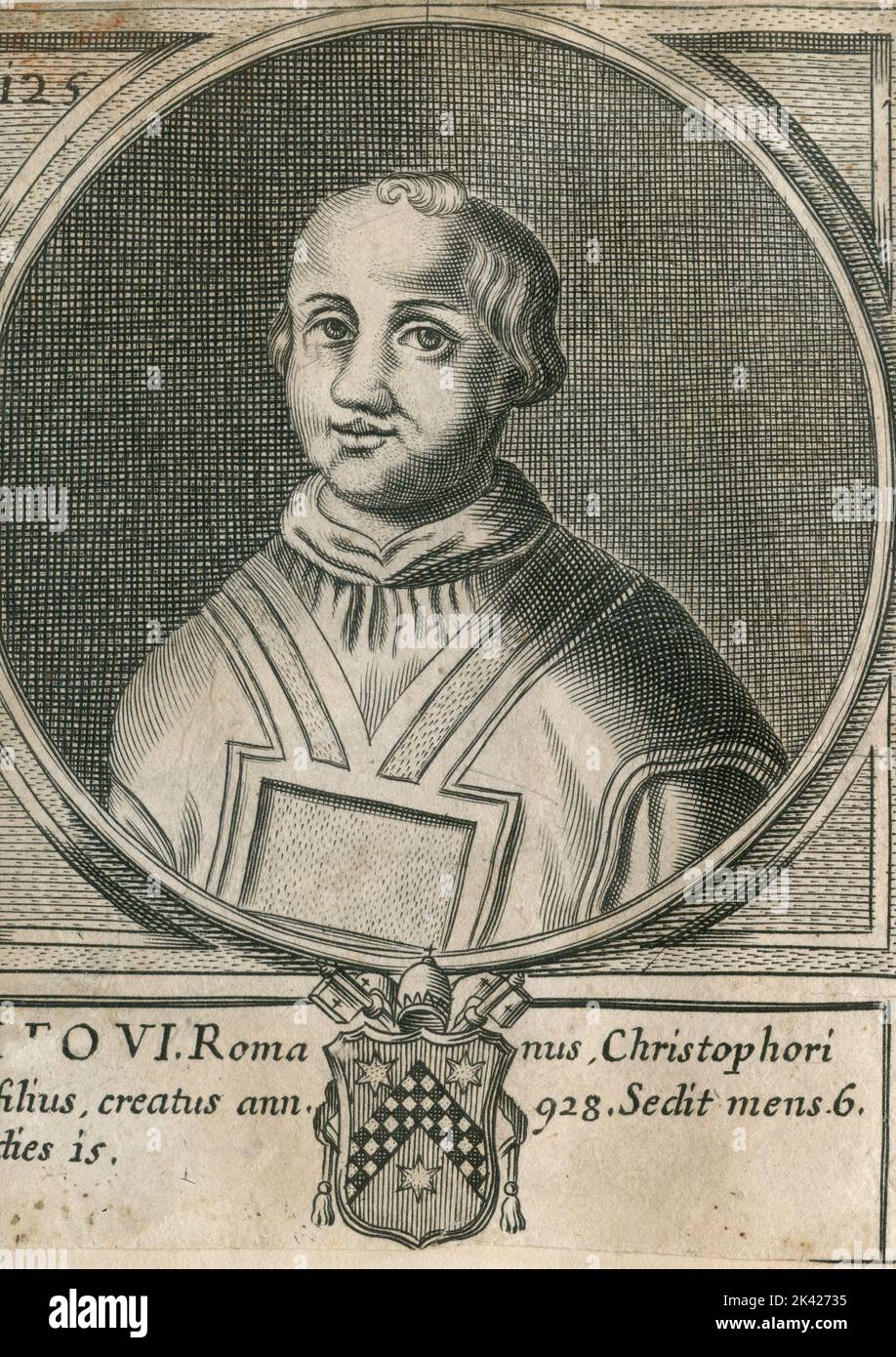 Porträt von Papst Leo VI., Stich aus dem Summorum Romanorum Pontificum von Giovanni Giacomo de' Rossi, 1675 Stockfoto