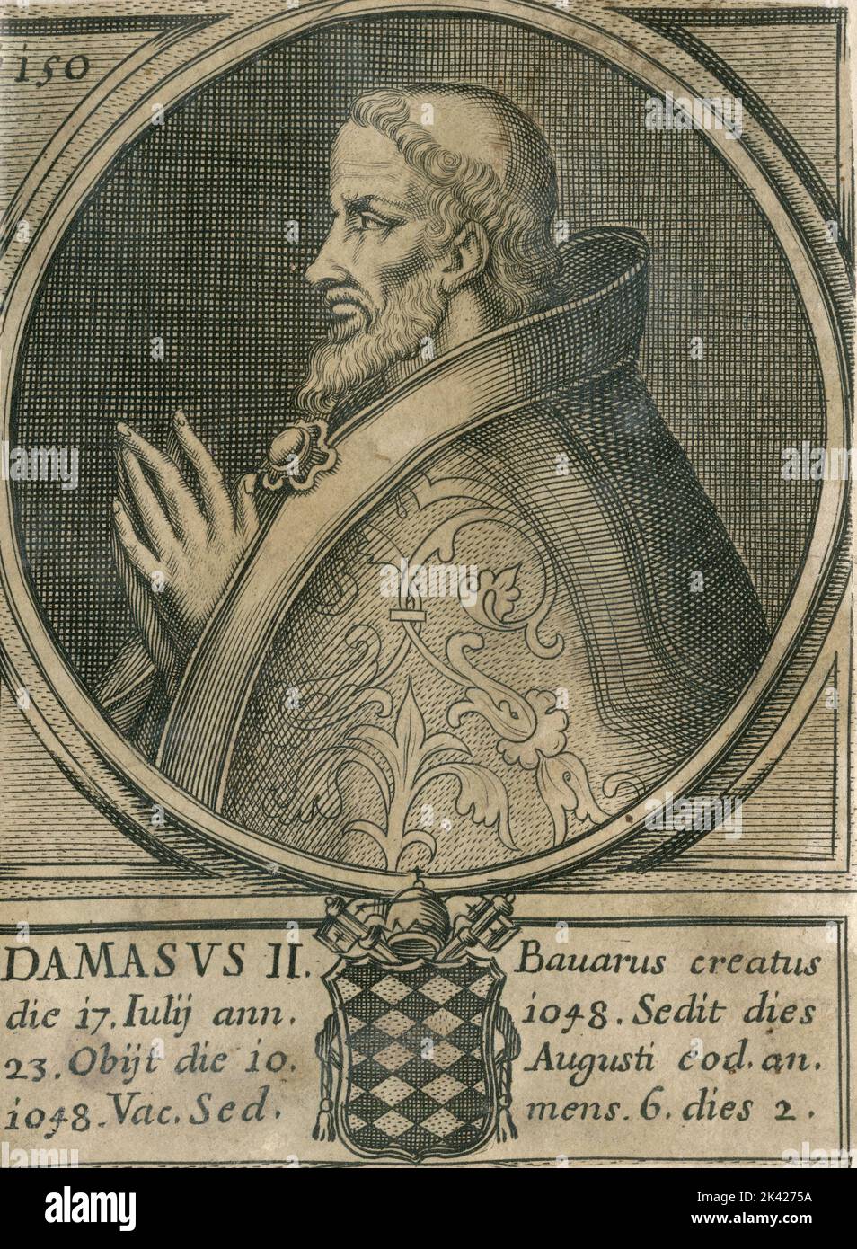 Porträt von Papst Damasus II., Stich aus dem Summorum Romanorum Pontificum von Giovanni Giacomo de' Rossi, 1675 Stockfoto
