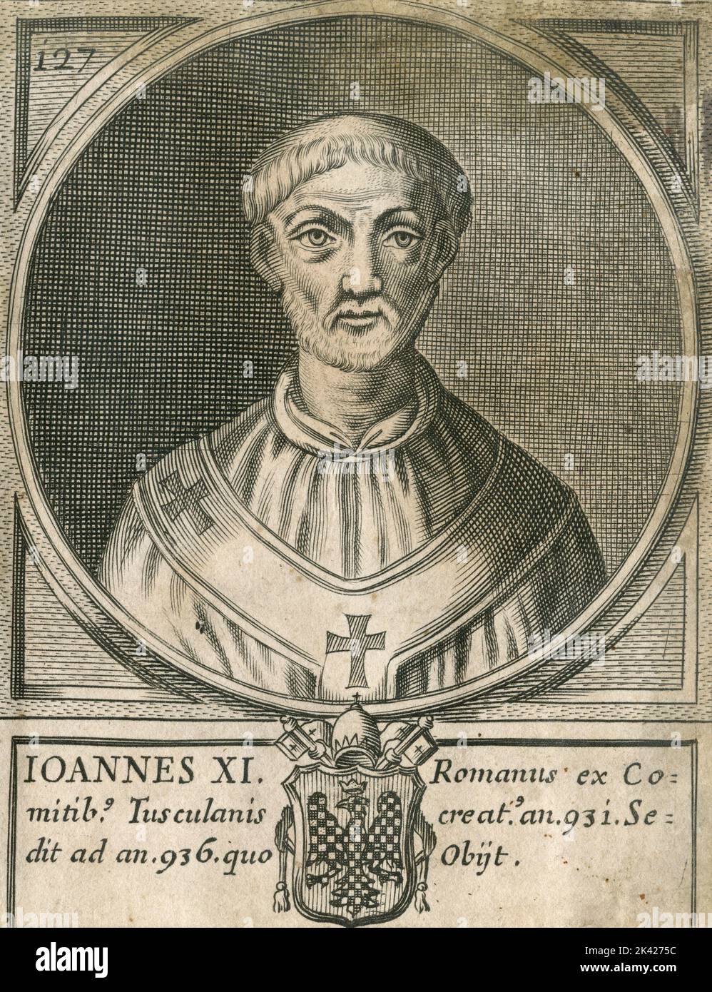 Porträt von Papst Ioannes XI., Stich aus dem Summorum Romanorum Pontificum von Giovanni Giacomo de' Rossi, 1675 Stockfoto