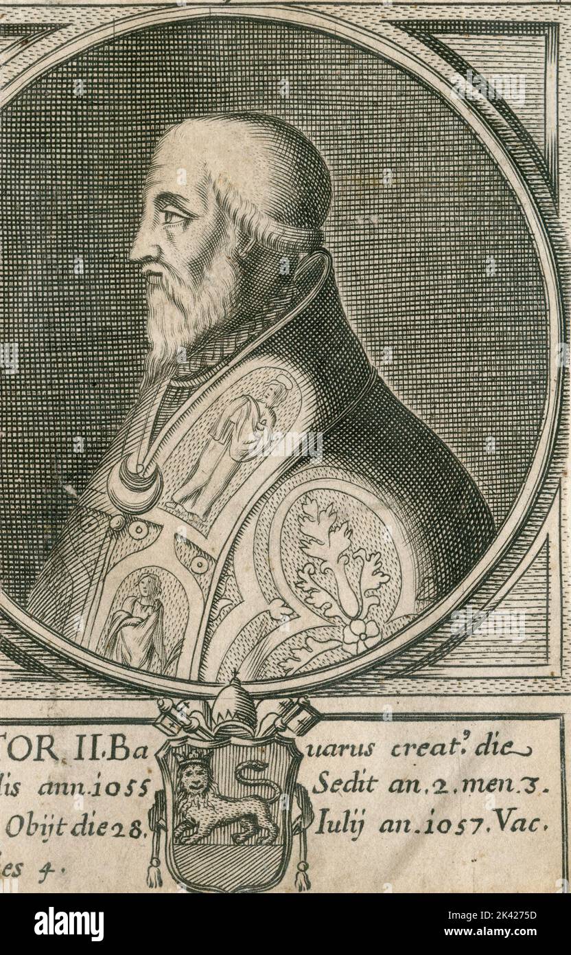 Porträt von Papst Victor II., Stich aus dem Summorum Romanorum Pontificum von Giovanni Giacomo de' Rossi, 1675 Stockfoto