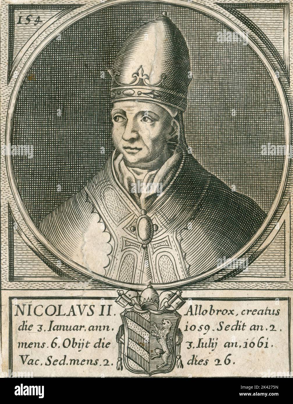 Porträt von Papst Nicolaus II., Stich aus dem Summorum Romanorum Pontificum von Giovanni Giacomo de' Rossi, 1675 Stockfoto
