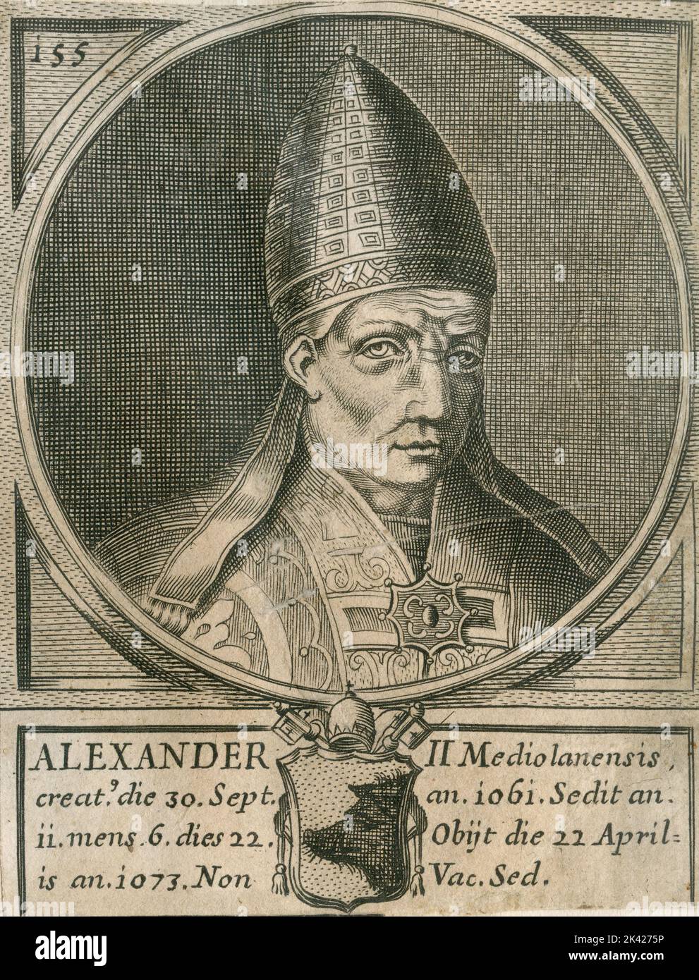 Porträt von Papst Alexander II., Stich aus dem Summorum Romanorum Pontificum von Giovanni Giacomo de' Rossi, 1675 Stockfoto