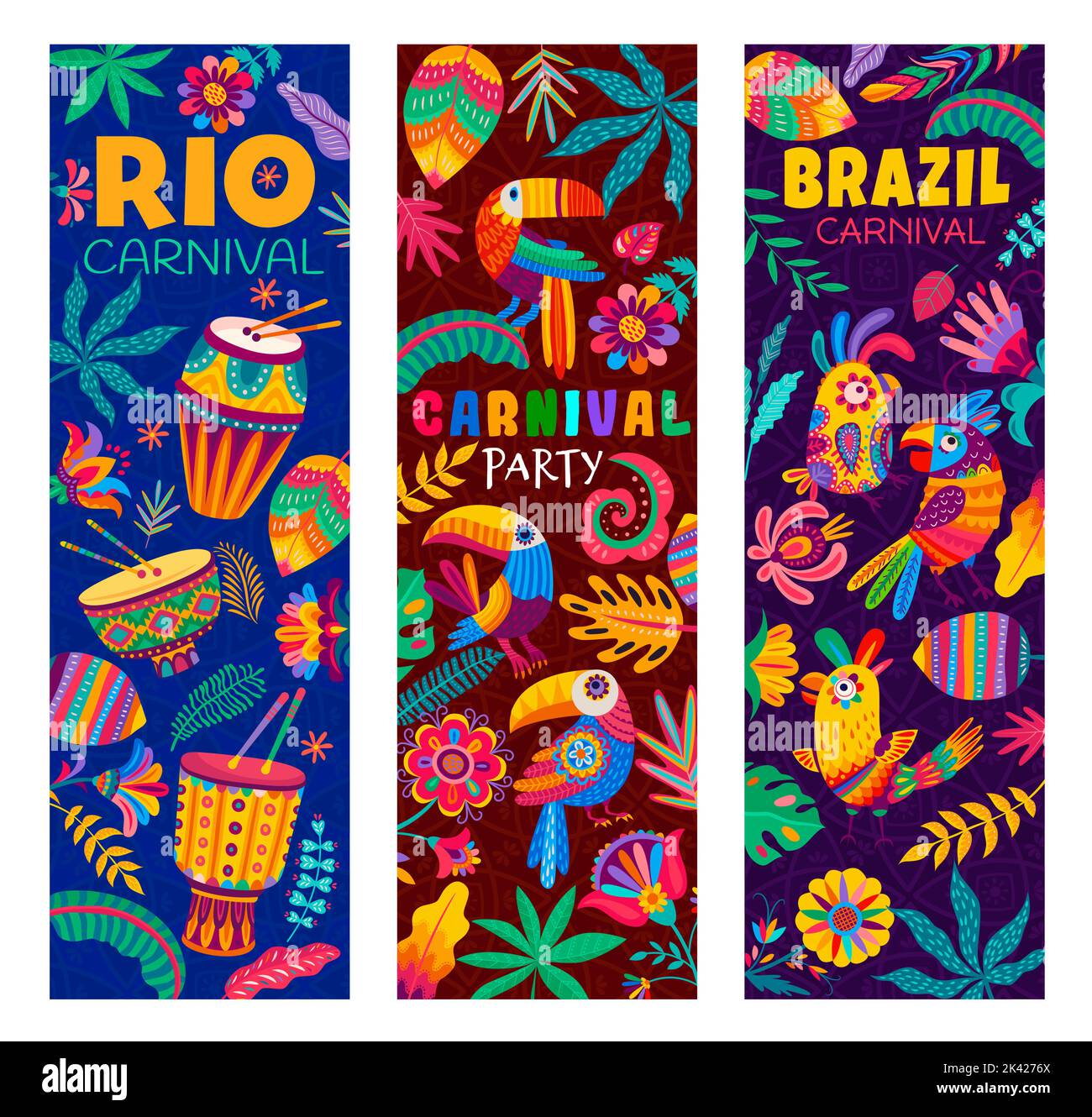 Brasilianische Rio Karneval Party Banner, Cartoon Tukan und Papagei Vögel, Trommeln, Blumen, Lianen und Pflanzen. Vector Brasilien Karneval von Samba Tanz und Musik, Rio de Janeiro Festival, Urlaub Poster Stock Vektor