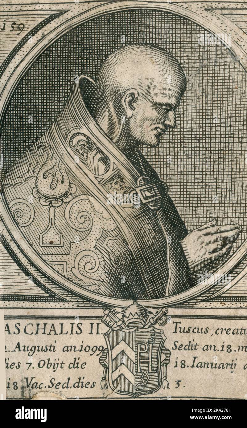 Porträt von Papst Paschalis II., Stich aus dem Summorum Romanorum Pontificum von Giovanni Giacomo de' Rossi, 1675 Stockfoto