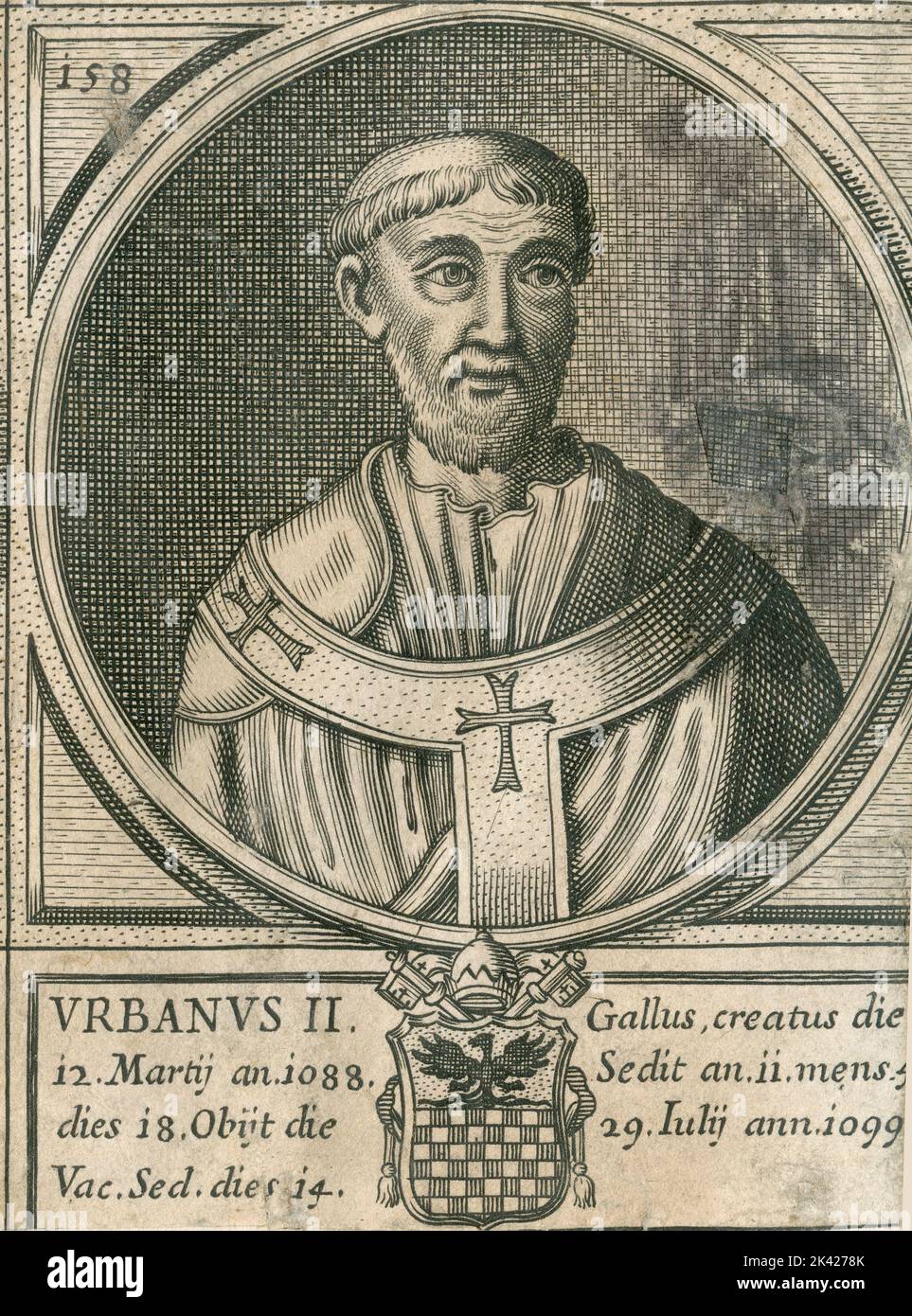 Porträt von Papst Urbanus II., Stich aus dem Summorum Romanorum Pontificum von Giovanni Giacomo de' Rossi, 1675 Stockfoto