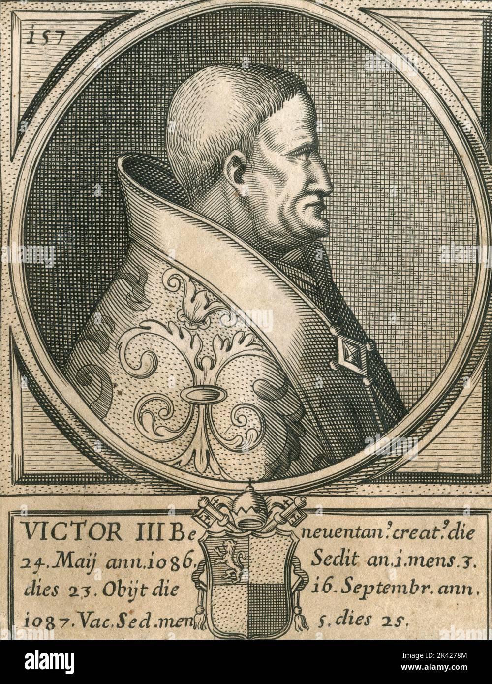 Porträt von Papst Victor III., Stich aus dem Summorum Romanorum Pontificum von Giovanni Giacomo de' Rossi, 1675 Stockfoto