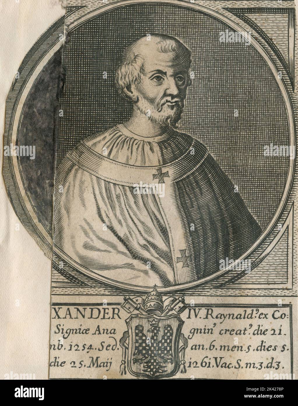 Porträt von Papst Alexander IV., Stich aus dem Summorum Romanorum Pontificum von Giovanni Giacomo de' Rossi, 1675 Stockfoto