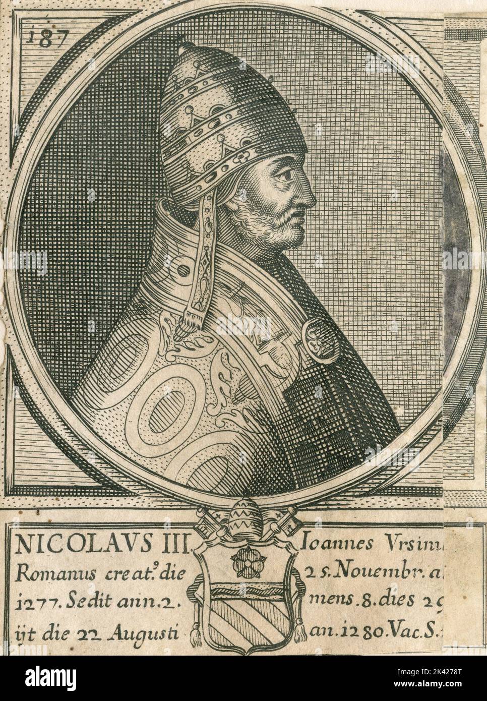 Porträt von Papst Nicolaus III., Stich aus dem Summorum Romanorum Pontificum von Giovanni Giacomo de' Rossi, 1675 Stockfoto