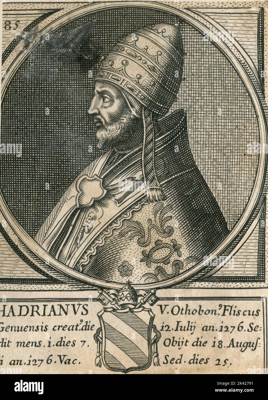 Porträt von Papst Hadrianus V., Stich aus dem Summorum Romanorum Pontificum von Giovanni Giacomo de' Rossi, 1675 Stockfoto