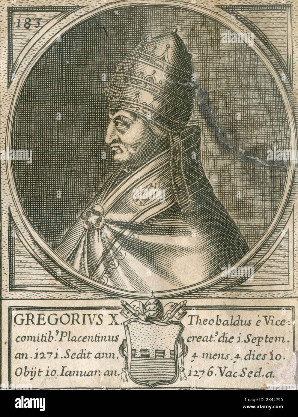 Porträt des heiligen Papstes Gregorius X, Stich aus dem Summorum Romanorum Pontificum von Giovanni Giacomo de' Rossi, 1675 Stockfoto