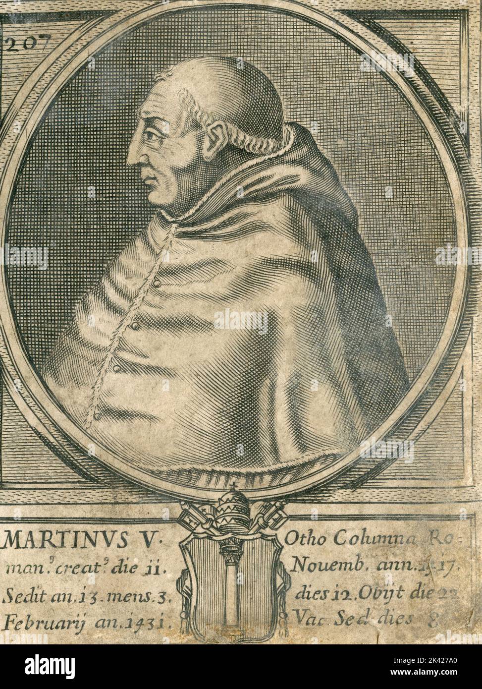 Porträt von Papst Martinus V., Stich aus dem Summorum Romanorum Pontificum von Giovanni Giacomo de' Rossi, 1675 Stockfoto