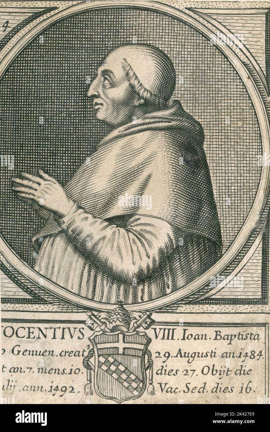 Porträt des Papstes Innocentius VIII., Stich aus dem Summorum Romanorum Pontificum von Giovanni Giacomo de' Rossi, 1675 Stockfoto