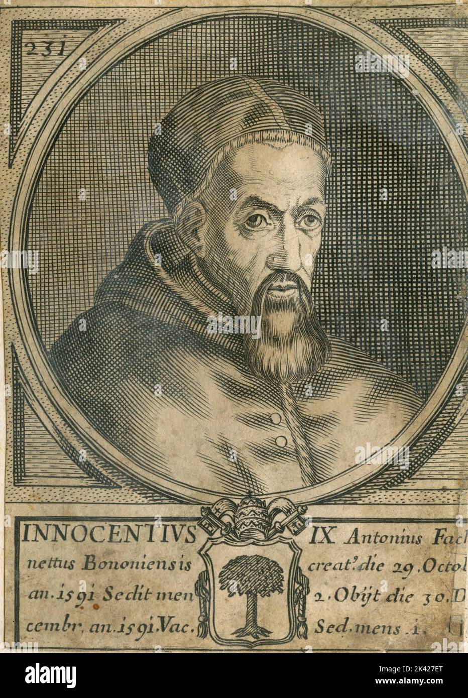 Porträt des Papstes Innocentius IX., Stich aus dem Summorum Romanorum Pontificum von Giovanni Giacomo de' Rossi, 1675 Stockfoto