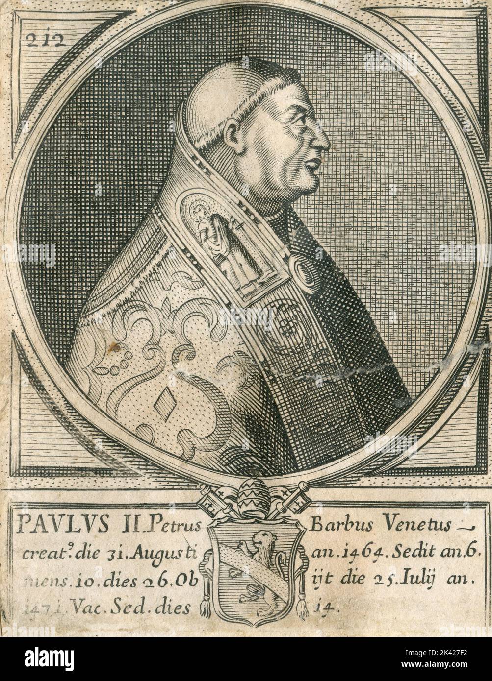 Porträt von Papst Paulus II., Stich aus dem Summorum Romanorum Pontificum von Giovanni Giacomo de' Rossi, 1675 Stockfoto