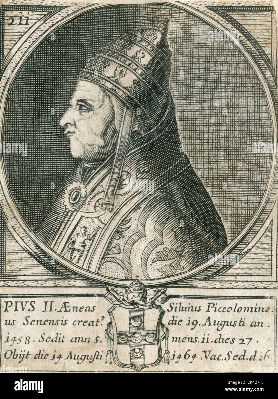 Porträt von Papst Pius II., Stich aus dem Summorum Romanorum Pontificum von Giovanni Giacomo de' Rossi, 1675 Stockfoto