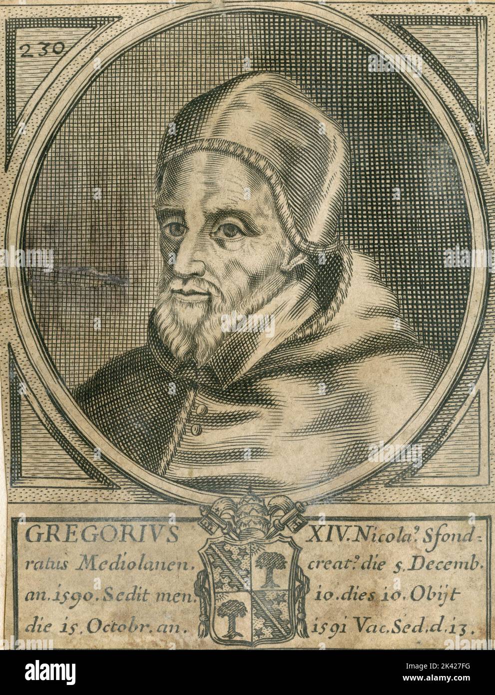 Porträt des Papstes Gregorius XIV., Stich aus dem Summorum Romanorum Pontificum von Giovanni Giacomo de' Rossi, 1675 Stockfoto