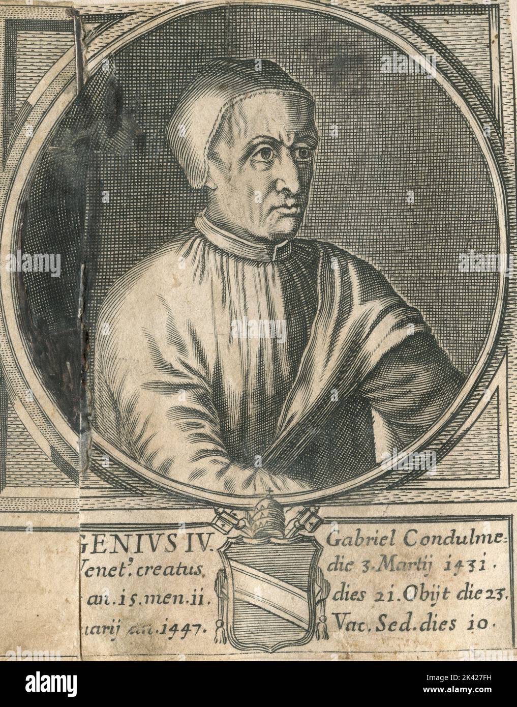 Porträt von Papst Eugenius IV., Stich aus dem Summorum Romanorum Pontificum von Giovanni Giacomo de' Rossi, 1675 Stockfoto