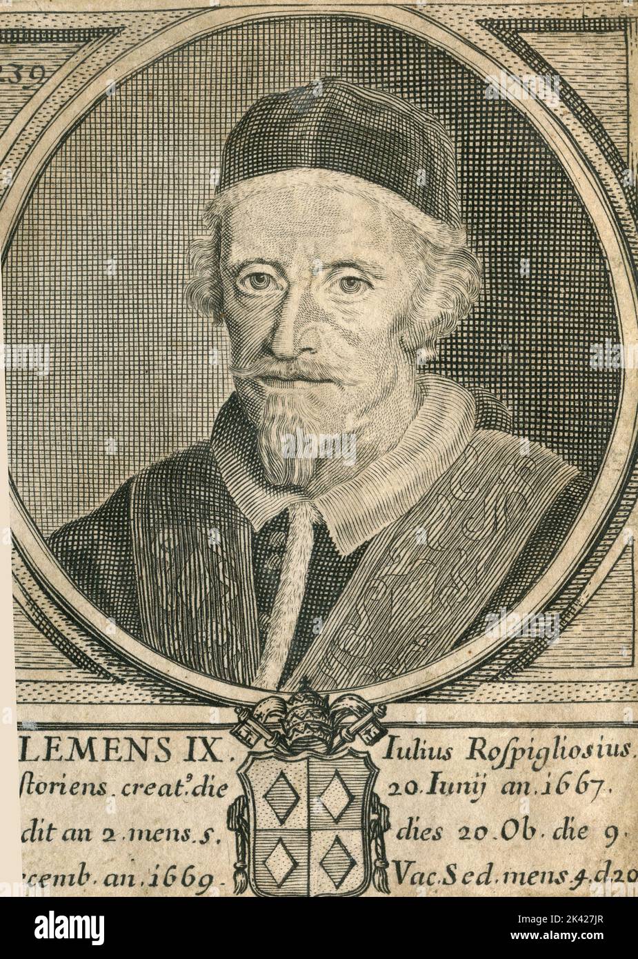 Porträt von Papst Clemens IX., Stich aus dem Summorum Romanorum Pontificum von Giovanni Giacomo de' Rossi, 1675 Stockfoto