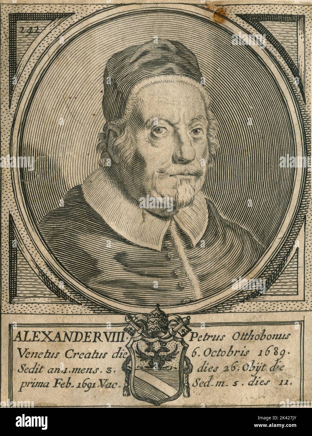 Porträt von Papst Alexander VIII., Stich aus dem Summorum Romanorum Pontificum von Giovanni Giacomo de' Rossi, 1675 Stockfoto