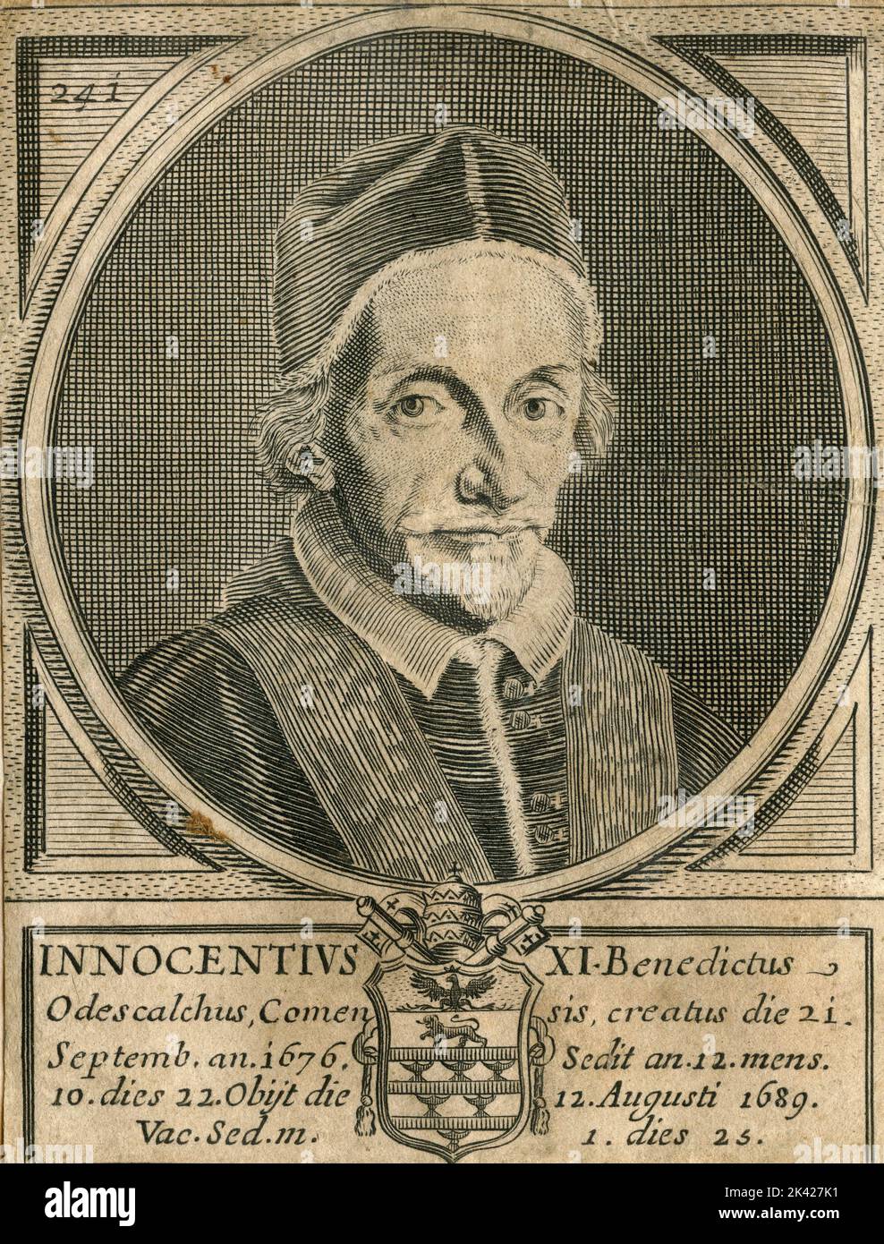 Porträt des Papstes Innocentius XI., Stich aus dem Summorum Romanorum Pontificum von Giovanni Giacomo de' Rossi, 1675 Stockfoto
