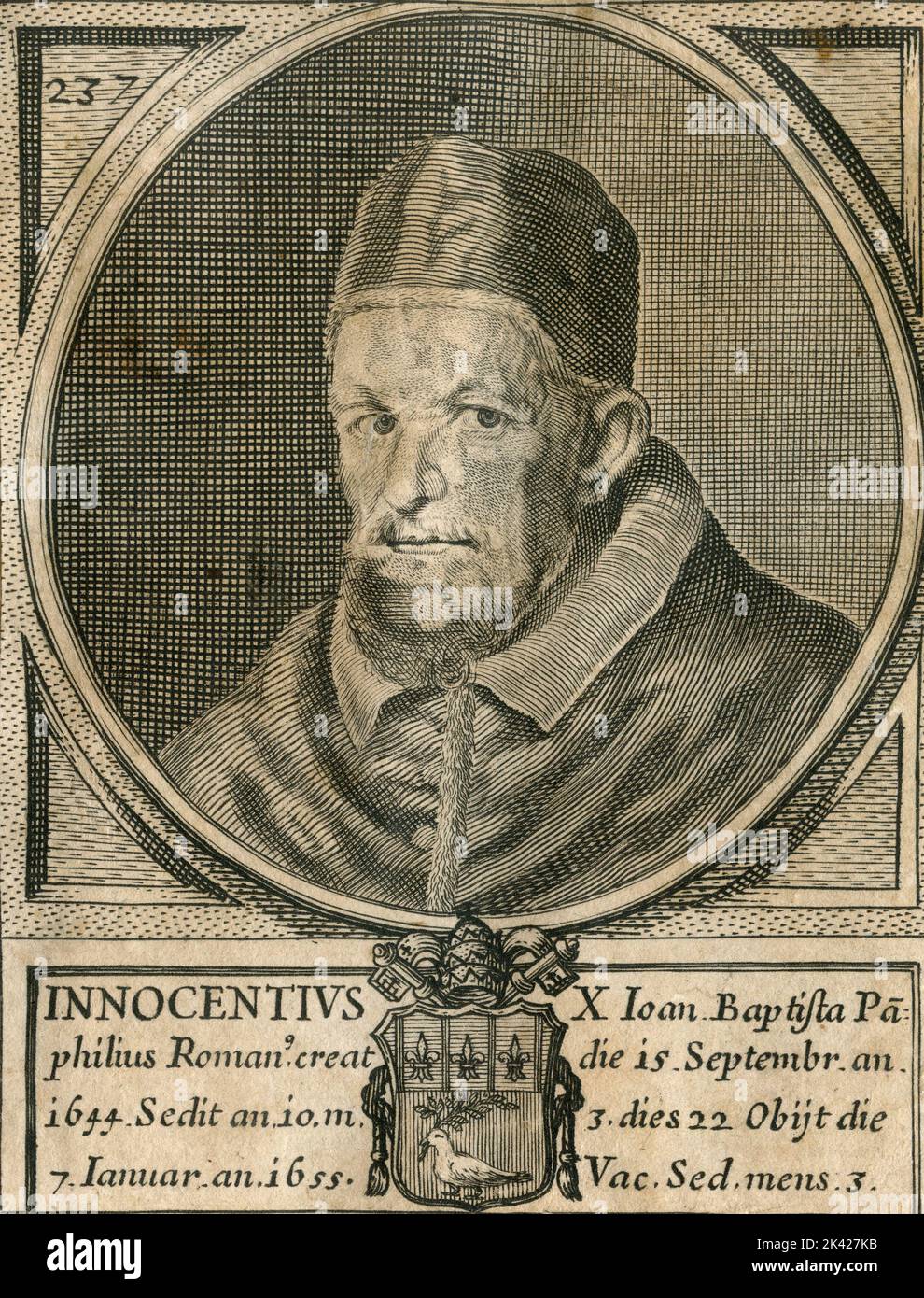 Porträt des Papstes Innocentius X, Stich aus dem Summorum Romanorum Pontificum von Giovanni Giacomo de' Rossi, 1675 Stockfoto
