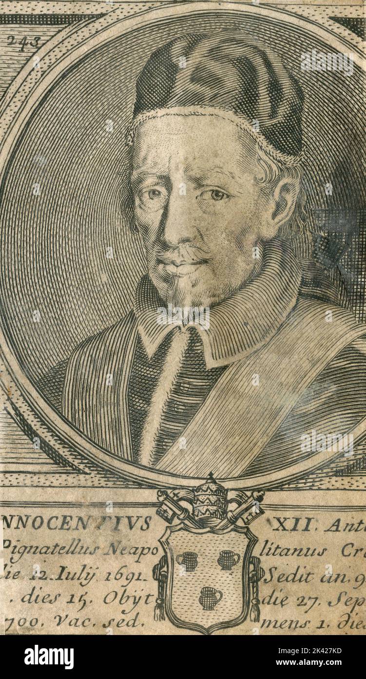 Porträt des Papstes Innocentius XII., Stich aus dem Summorum Romanorum Pontificum von Giovanni Giacomo de' Rossi, 1675 Stockfoto