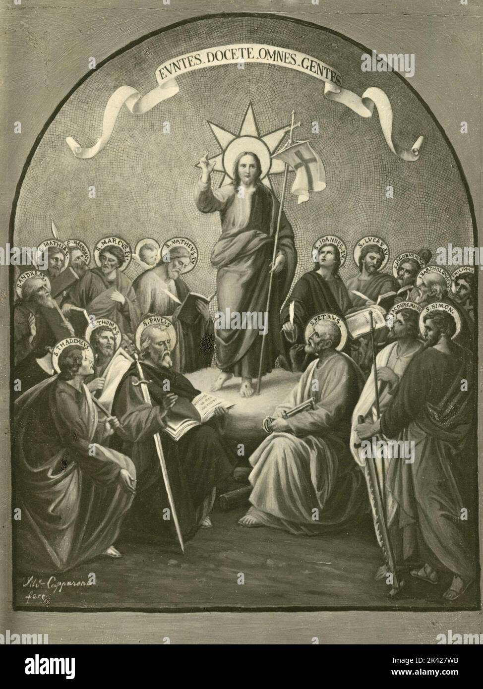 Jesus Christus thronte mit Aposteln und Evangelisten, Gemälde des italienischen Künstlers Silverio Capparoni, 1870s Stockfoto