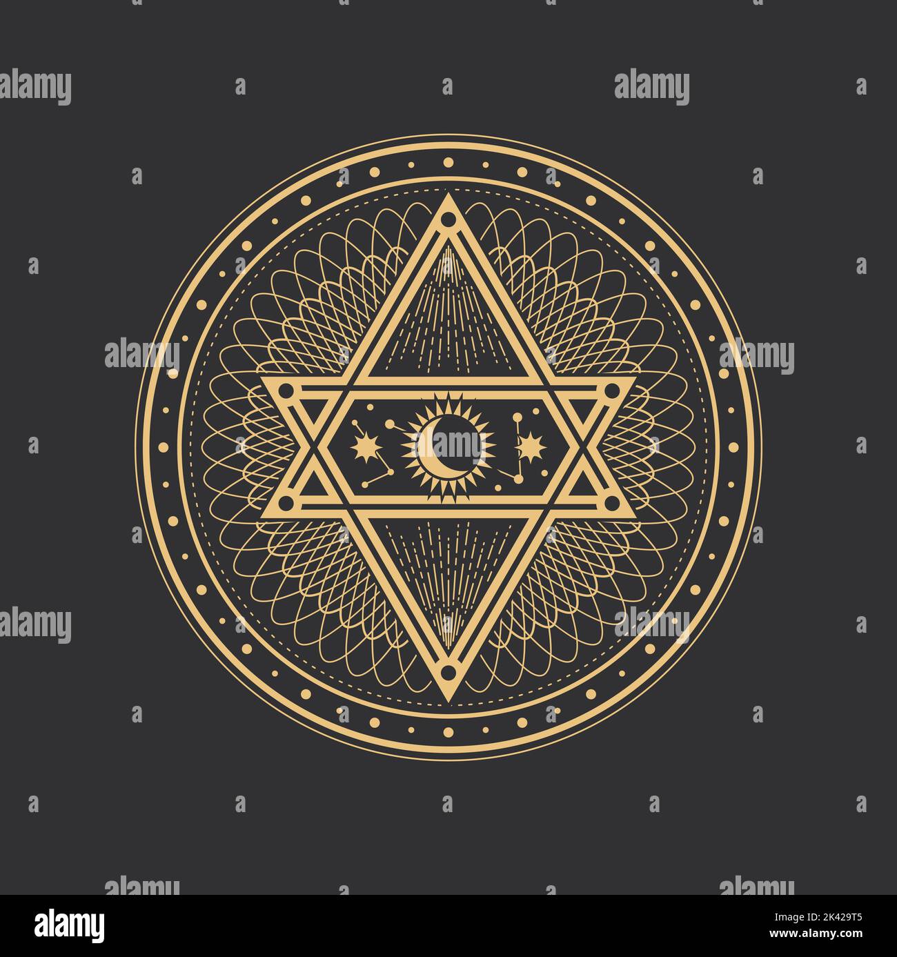 Tarot-Pentagramm, Mond-, Sonnen- und Sternsymbole, mystische Magie und Alchemie, Vektor-okkultes Zeichen. Esoterischer Kreis mit Pyramidenpentagramm, heilige Geometrie Zeichen von okkulten und magischen Tarot Stock Vektor