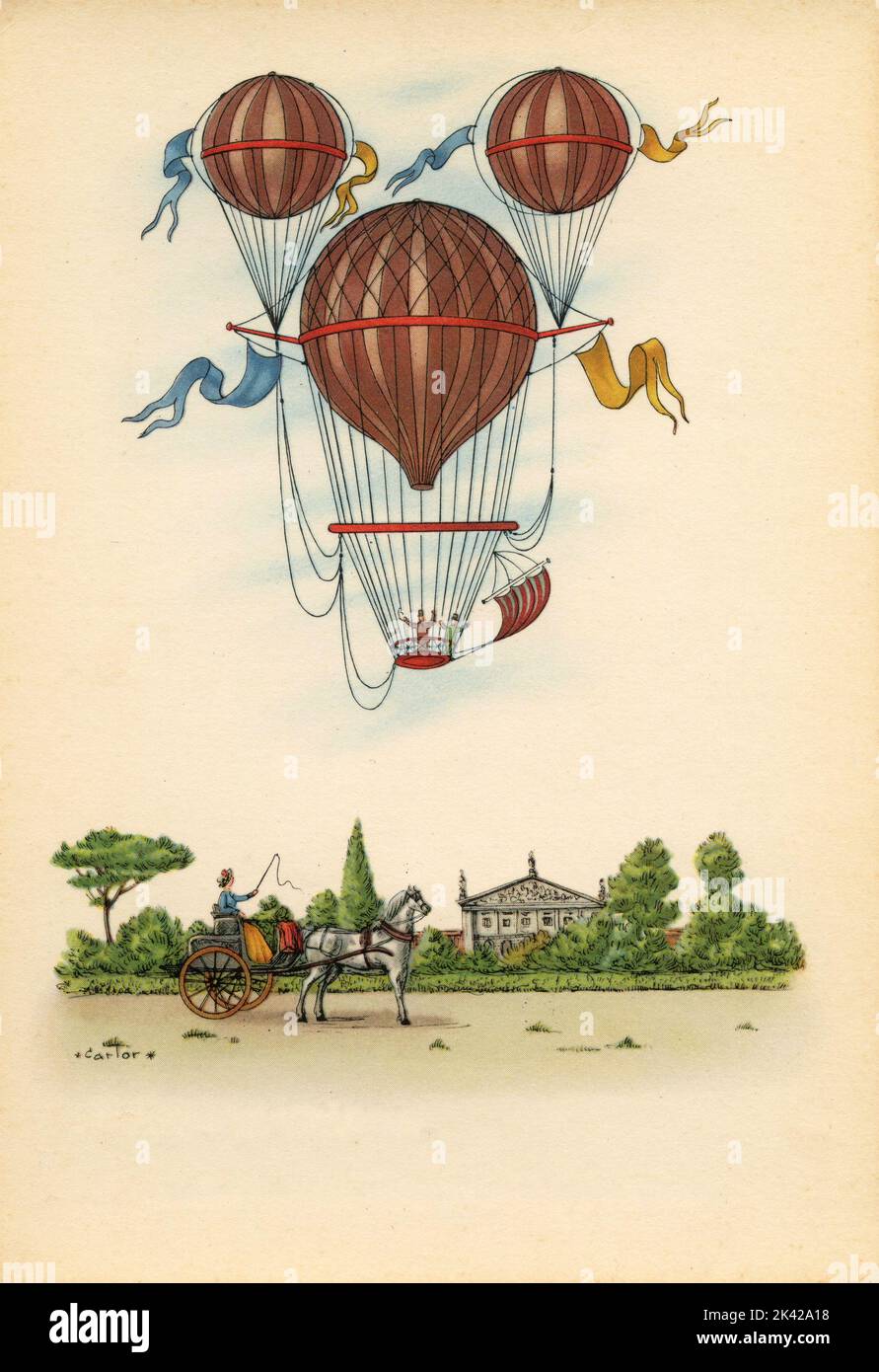 Illustration des Aufstiegs mit dem Heißluftballon von Margat, Frankreich 1850 Stockfoto