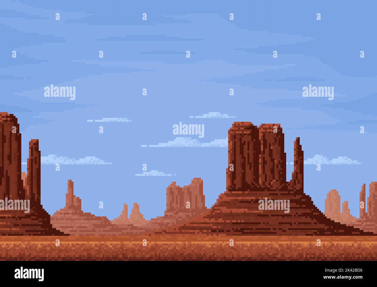 8bit Pixel Wüste mit Bergfelsen, Spiellandschaft und Video-Arcade-Vektor-Hintergrund. 8-Bit-Pixel-Spiellandschaft des Wüstentales mit Canyon-Felsen oder Steinen unter Himmelswolken für Szene auf Spielebene Stock Vektor