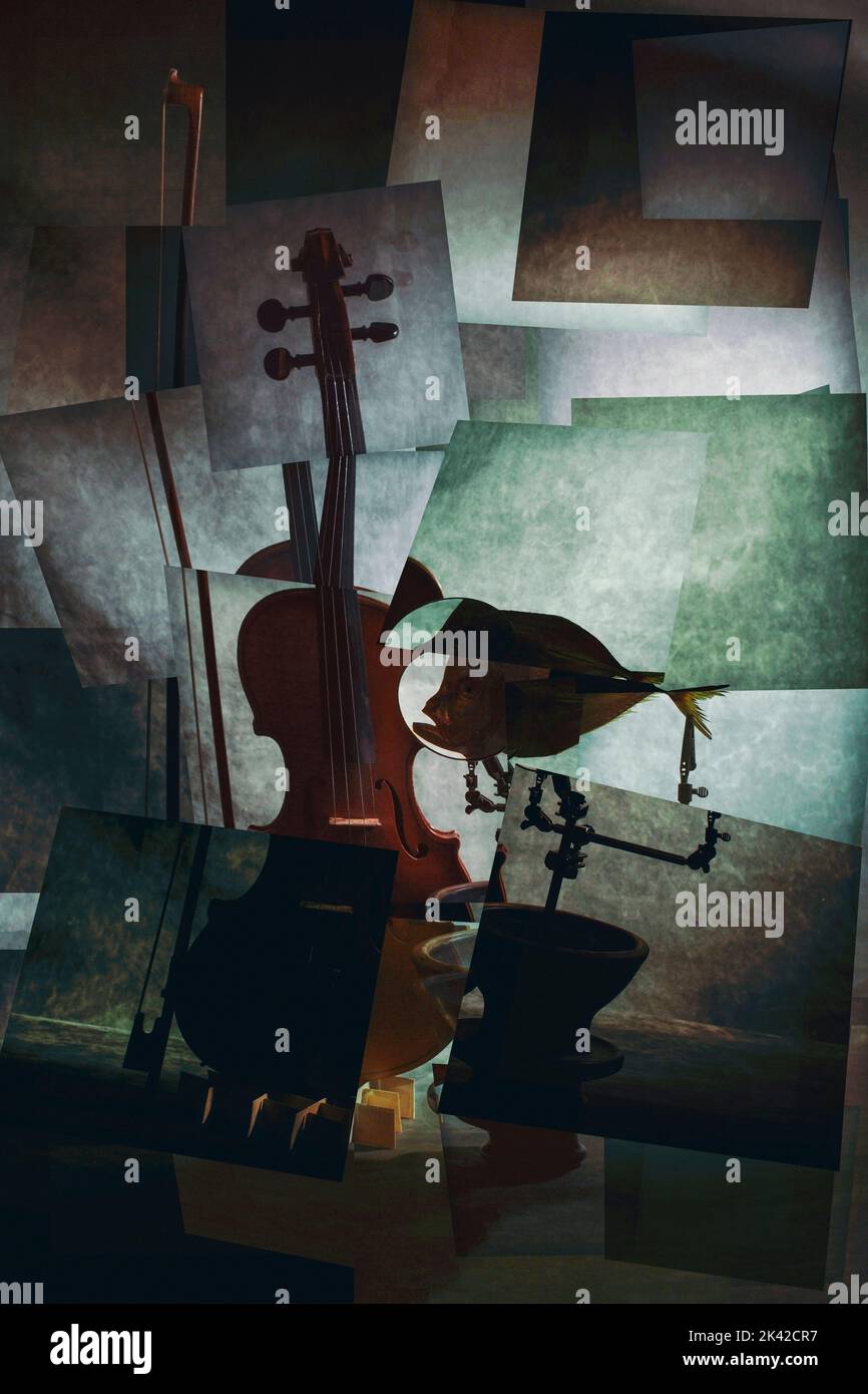 Abstraktes dekoratives Stillleben mit einer Geige und einem Mondfisch. Stilisierung Stockfoto