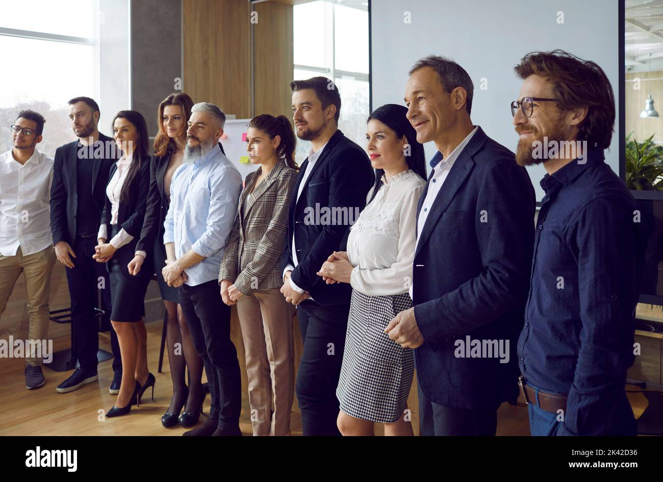 Professionelle Geschäftsleute Männer und Frauen unterschiedlichen Alters stehen in einem Konferenzraum in Reihe Stockfoto