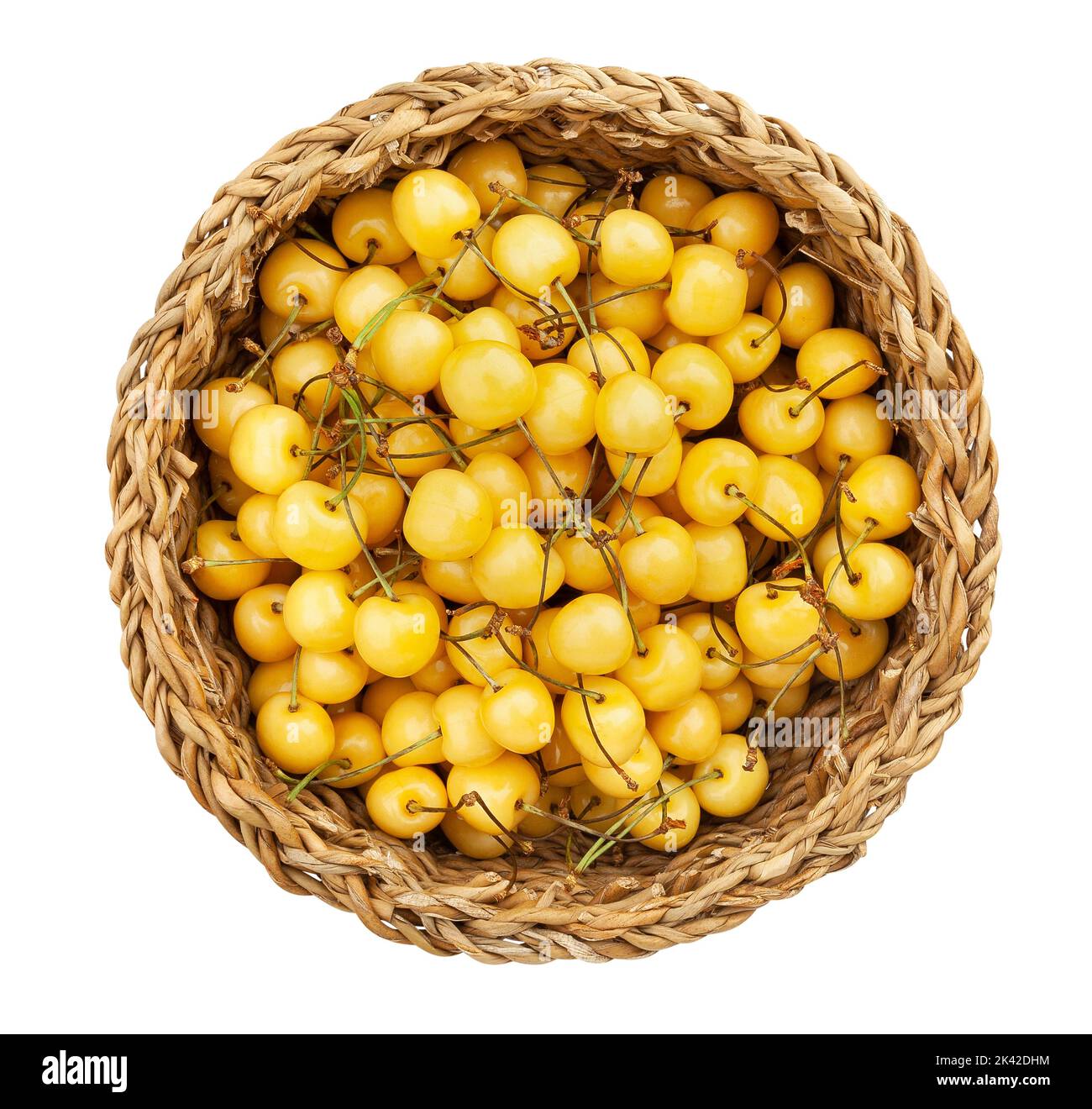 Gelber Kirschpfad isoliert auf weißer Draufsicht Stockfoto