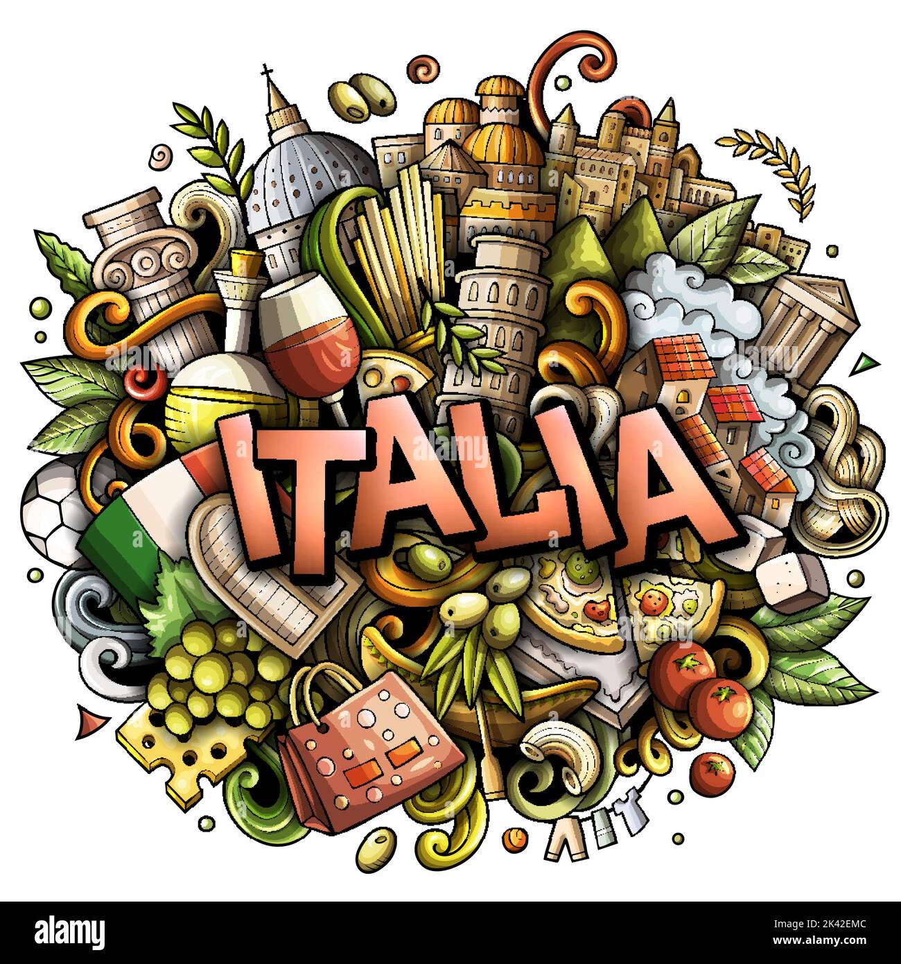 Italia handgezeichnete Cartoon-Kritzeleien Illustration. Witziges Reisedesign. Stock Vektor