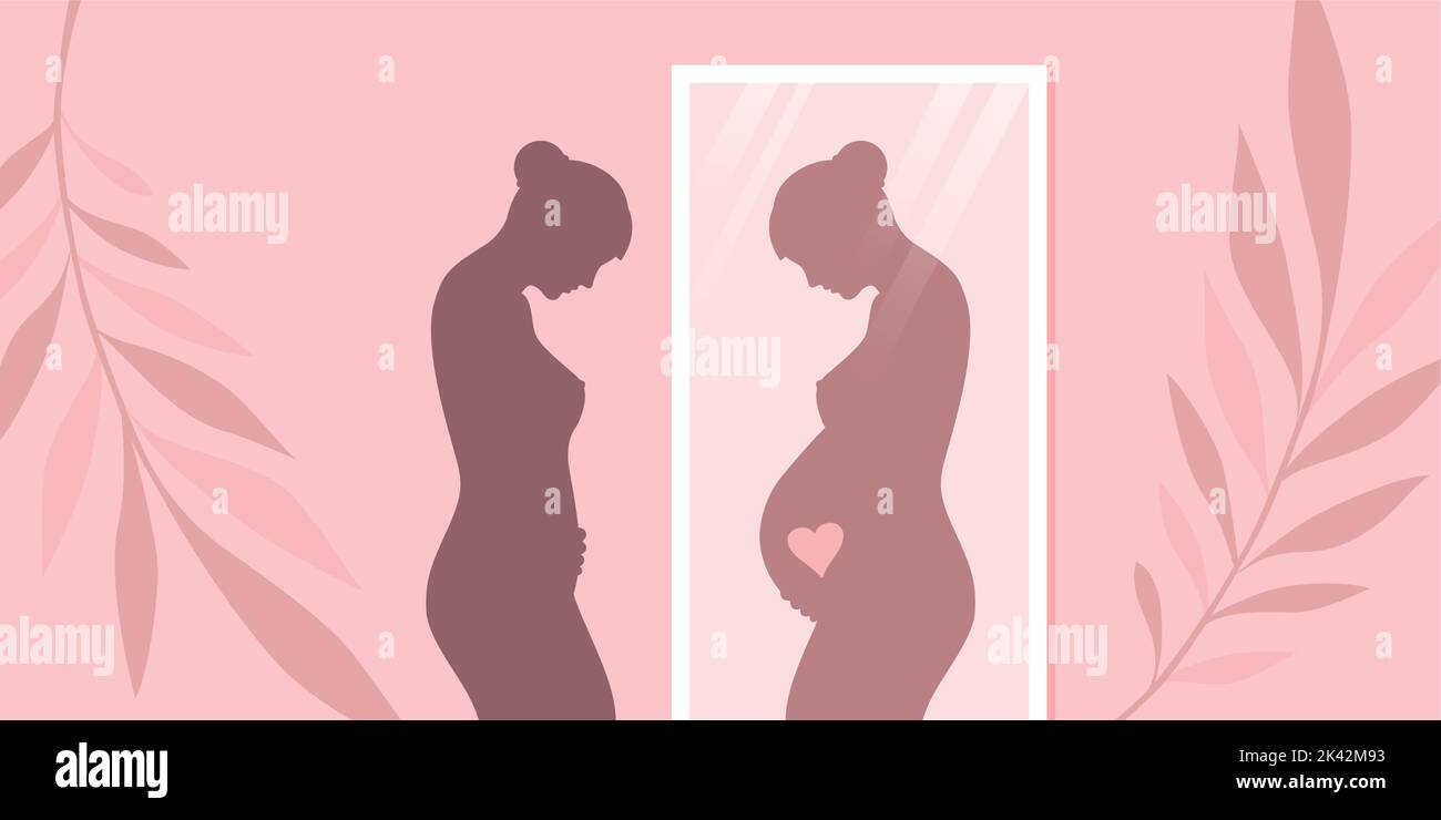 Die Frau sieht sich im Spiegel schwanger Stock Vektor