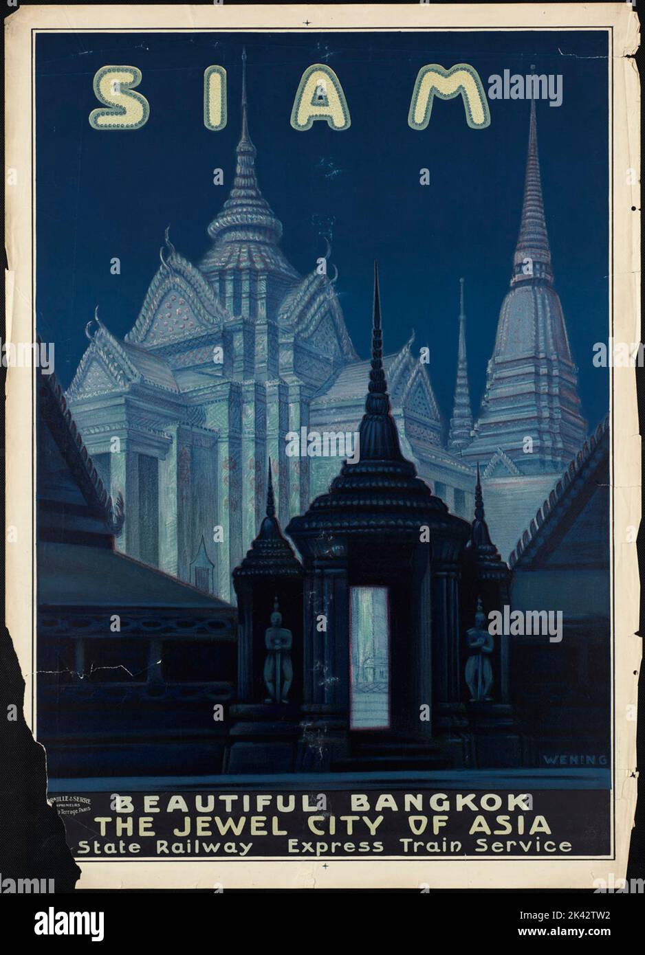 Buntes Vintage-Reiseplakat von Bangkok, Siam (jetzt Thailand) Stockfoto