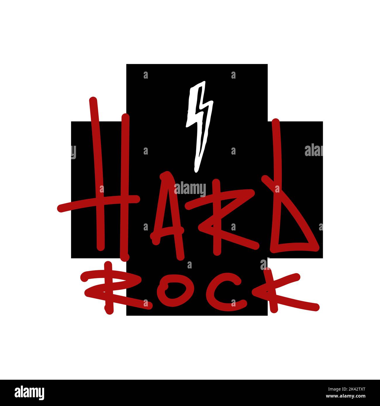 Isolierter roter Hard Rock Graffiti-Tag auf einem schwarzen Kreuz mit weißem Blitz. Vektorgrafik. Stock Vektor