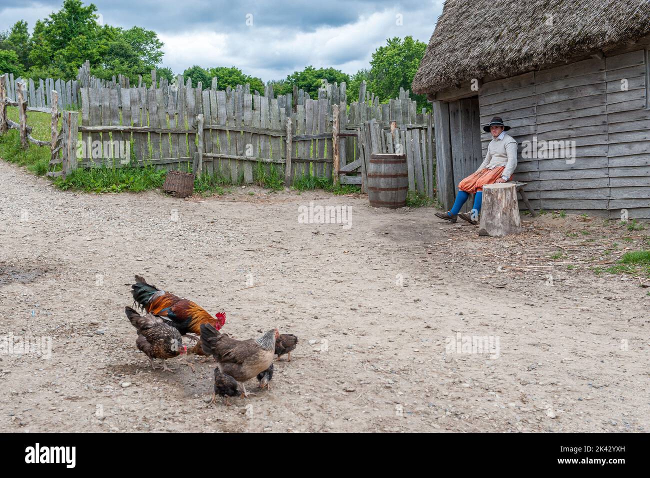 Plimoth Patuxet repliziert die ursprüngliche Siedlung der Pilger in der Plymouth Colony, wo die erste Danksagerei 1621 stattgefunden haben könnte. Stockfoto